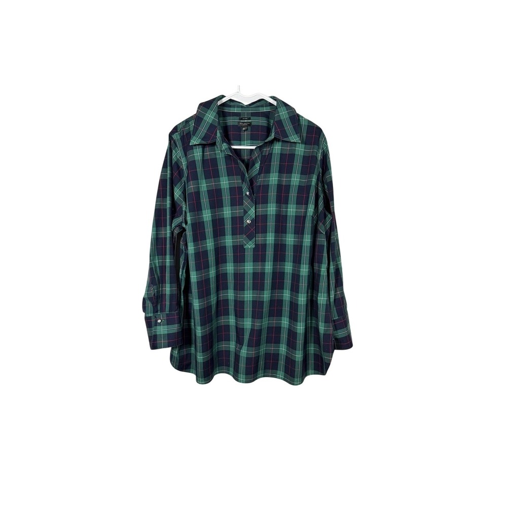 Talbots Green Red & Navy Plaid Tunic Top Non Iron Rhinestone Button Down Collar